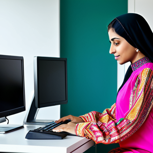 Home 20 **
"A professional woman in a modest shalwar kameez, working at a modern computer in a bright, colorful office. Fully clothed, appropriate attire, safe for work, perfect anatomy, natural proportions, family-friendly, professional photography, high quality"
**
