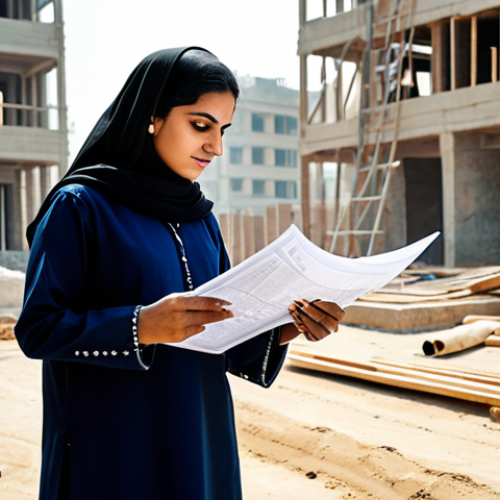 Home 19 **Image Prompt 1:** A professional female architect, wearing a modest shalwar kameez, reviewing blueprints at a construction site in Lahore, Pakistan. Sunlight, tools in the background, safe for work, appropriate attire, perfect anatomy, professional.