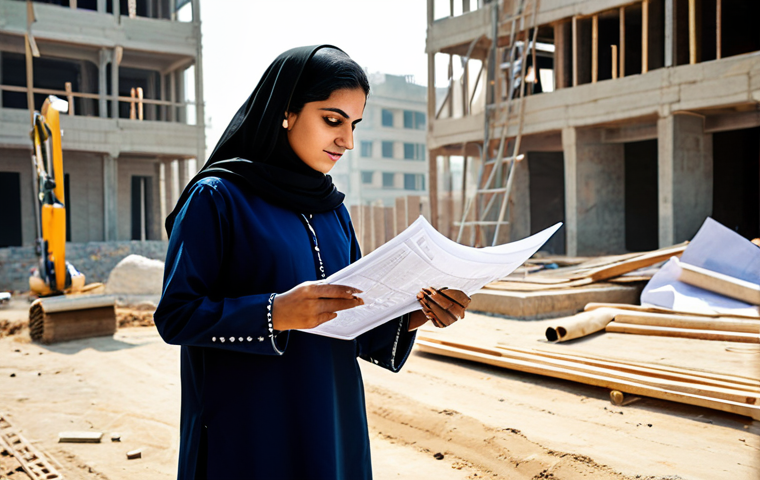 **Image Prompt 1:** A professional female architect, wearing a modest shalwar kameez, reviewing blueprints at a construction site in Lahore, Pakistan. Sunlight, tools in the background, safe for work, appropriate attire, perfect anatomy, professional.