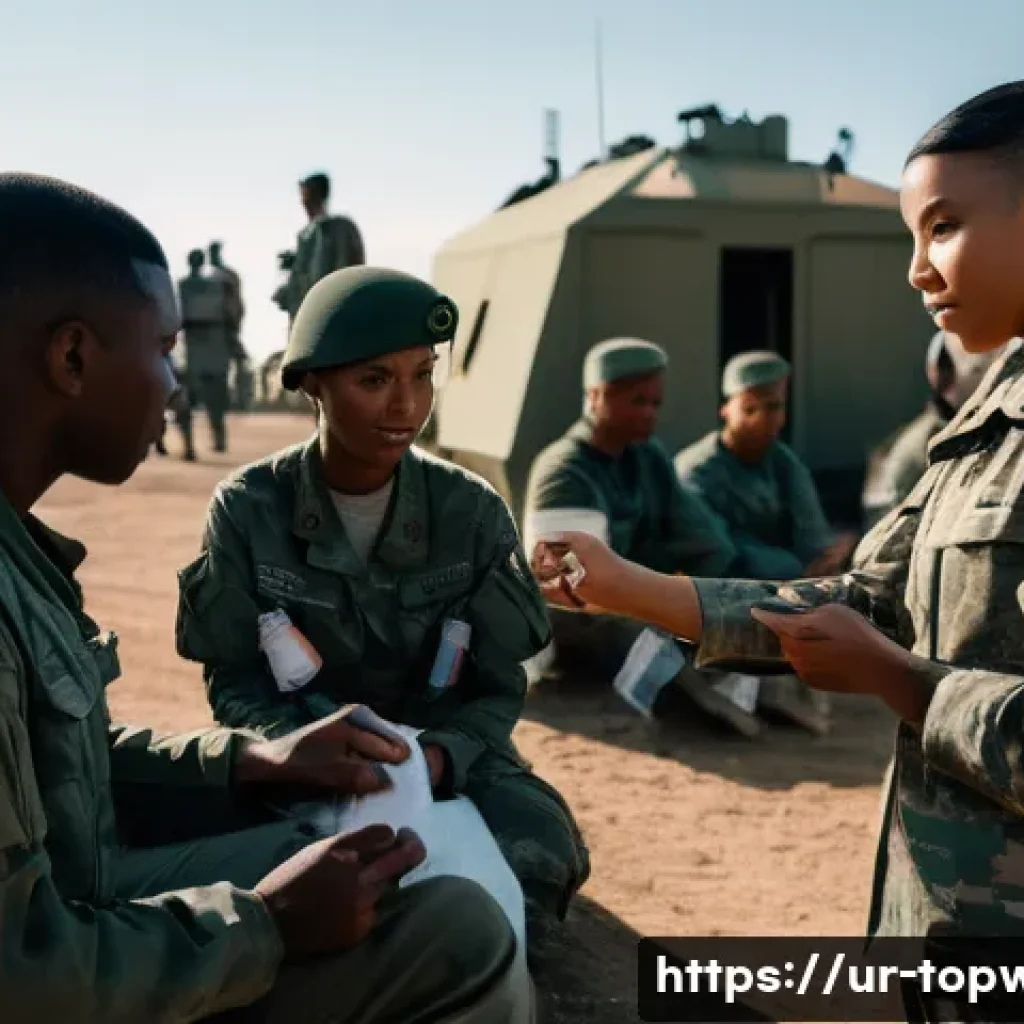 top war 힐링 아이템 활용 - **Prompt:** "A panoramic view of a vibrant, futuristic military camp at dusk. In the foreground, a d...