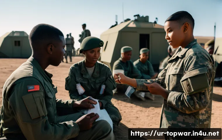 top war 힐링 아이템 활용 - **Prompt:** "A panoramic view of a vibrant, futuristic military camp at dusk. In the foreground, a d...